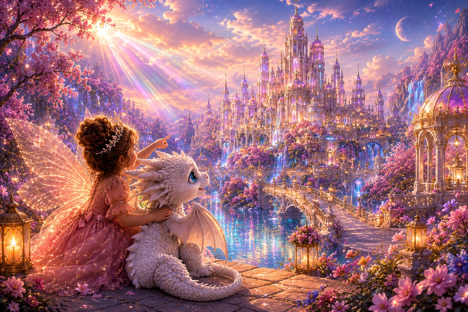 Victoria and her white dragon looking toward an enchanted castle